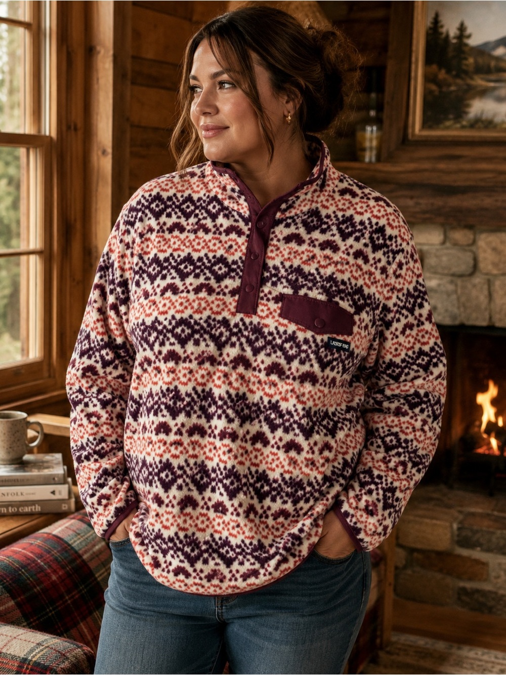 Lands’ End Heritage Snap Neck Fleece Pullover Fair Isle Print 3X 24W/26W